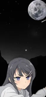 Anime girl under a starry sky with a bright full moon and shooting star.