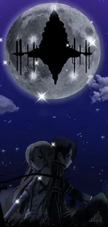 Anime characters under night sky with full moon.