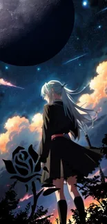 Anime character under moonlit night sky with clouds.