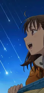 Anime character gazing at stars in a vibrant night sky.