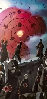 Dark anime warriors beneath a red moon.