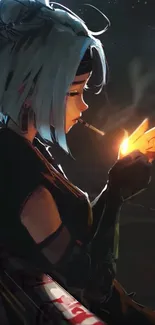 Anime character with blue hair lighting cigarette in dark setting.