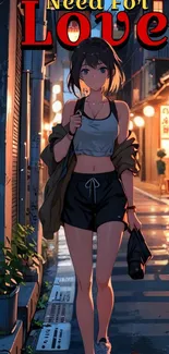 Anime character walking on a tranquil night street.