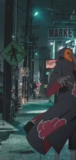 Anime character on a dark urban street with neon lights, creating a mysterious vibe.