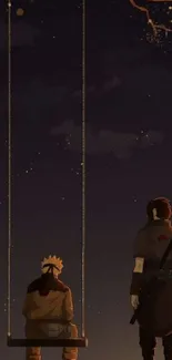 Anime night scene with two characters on a swing under a starlit sky.