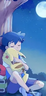 Anime character hugging companion under moonlit sky.