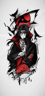 Anime ninja character in red and black design on mobile wallpaper.