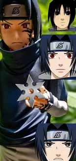 Anime ninja character with red eyes and dark blue outfit, set against green foliage.