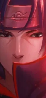 Close-up of an anime ninja character with vibrant red hues.