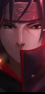 Anime character with intense gaze and dark red theme on mobile wallpaper.