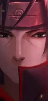 Anime ninja character with intense eyes and dark red hues.