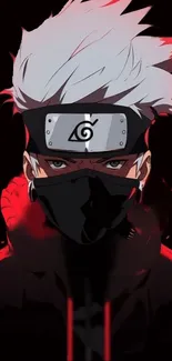 Anime ninja character with white hair and black mask on red background.