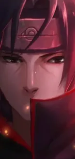 Anime ninja with dark red hues and mysterious expression.