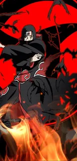 Anime ninja with fiery red background and dark shadows.