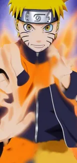 Anime ninja surrounded by fiery orange energy in dynamic wallpaper.