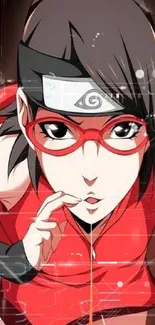 Anime ninja girl with red glasses and headband on mobile wallpaper.