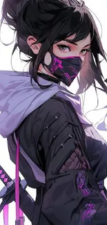 Anime girl ninja with purple accents and sword in stylish pose.