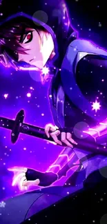 Anime ninja with glowing sword in cosmic purple background.