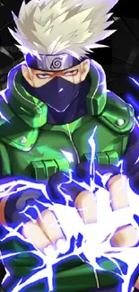 Anime ninja with lightning power in green and black attire.