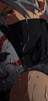 Anime ninja character in rain, masked with red eyes.