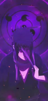 Anime ninja with purple aura and symbolic background.