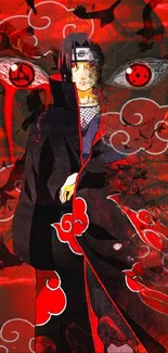 Anime ninja with red eyes and crows on a vibrant red background.