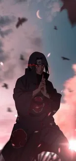 Anime ninja with crows in sunset background.