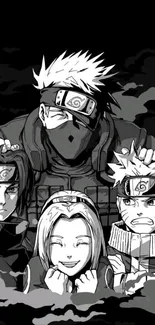 Anime ninja team in monochrome style.