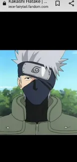 Anime ninja character in gray mask and green uniform phone wallpaper.