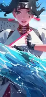 Anime ninja mastering water technique with a vibrant and dynamic scene.