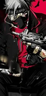 Anime ninja with grey hair and gun on red background.