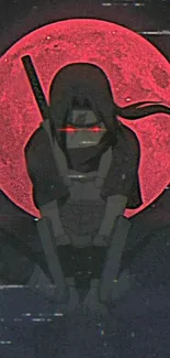 Anime ninja crouching under a red moon in a dark-themed wallpaper.