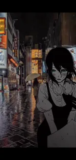 Anime character in dark, rainy street setting wallpaper.