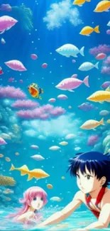 Anime ocean scene with vibrant fish and two characters exploring.