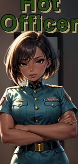 Anime officer in uniform with arms crossed and a strong presence.