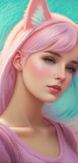 Anime pastel art of a girl with pink hair and cat ears.