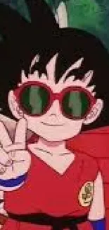 Anime character with sunglasses and peace sign in red outfit.