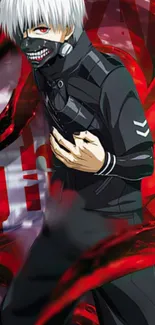 Anime character with dark mask and red background.