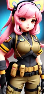 Anime girl with pink hair and tactical outfit in vibrant colors.