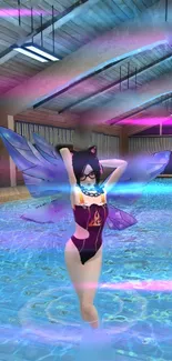 Anime character with wings by a poolside in vibrant colors.