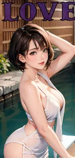 Anime girl by the pool in a tranquil setting.