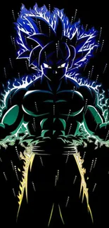 Anime figure with glowing aura in black background.