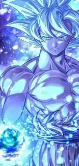 Anime character with blue energy aura and powerful pose.