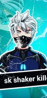 Anime wallpaper featuring a masked character with white hair on an electric blue background.