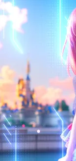 Anime girl with pink hair by a castle at sunset.