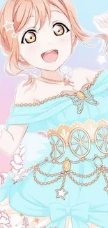 Anime princess with pastel dress and crown in elegant design.