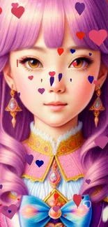 Anime princess with purple hair and heart decorations.