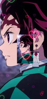 Anime character with hearts in profile view.