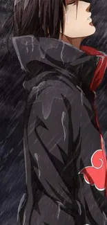 Anime character standing in the rain with dark, brooding atmosphere.