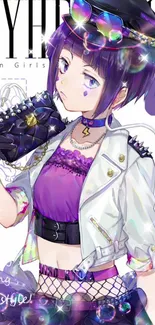 Anime character in punk style with purple hues and fashionable attire.